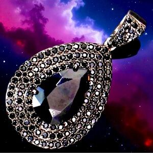 Sterling Silver FUZION CREATIONS Black Agate Pave Teardrop Necklace Pendant - 3g